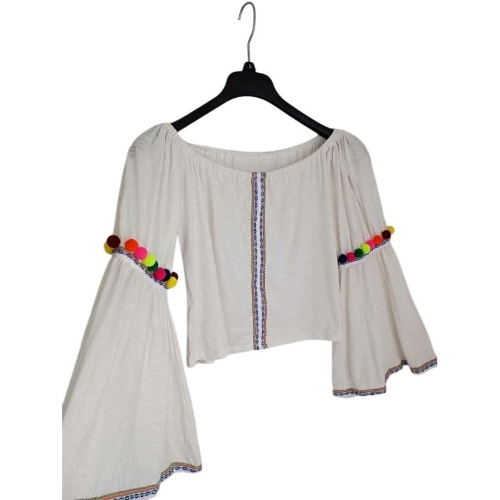 PITUSA White Pima Cotton Pom Pom Bell Sleeve Off‎ Shoulder Boho Crop Top OS $95